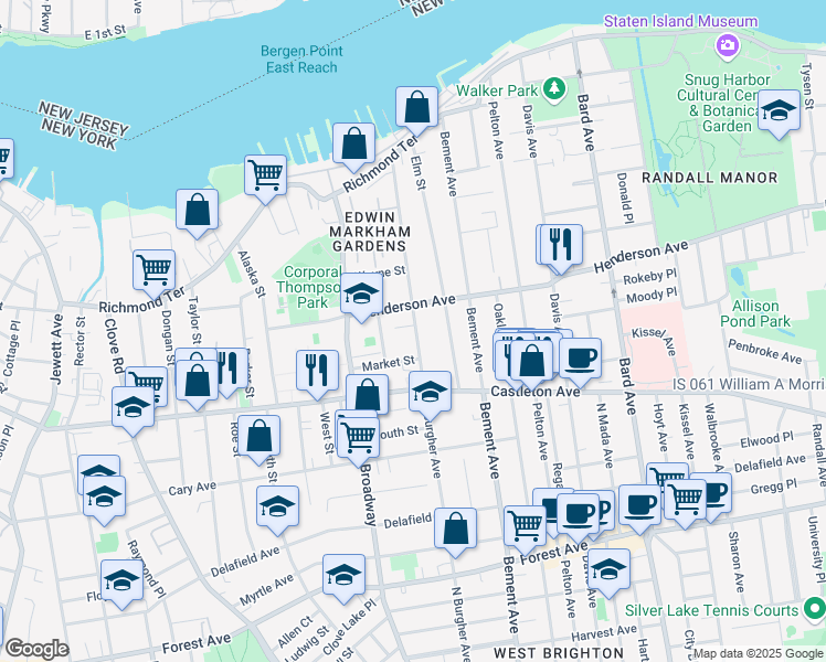 map of restaurants, bars, coffee shops, grocery stores, and more near 192 North Burgher Avenue in Staten Island