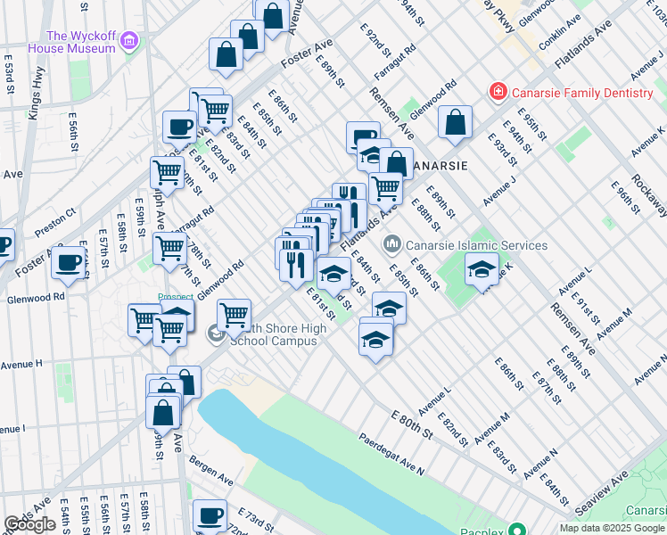 map of restaurants, bars, coffee shops, grocery stores, and more near 910 East 83rd Street in Brooklyn