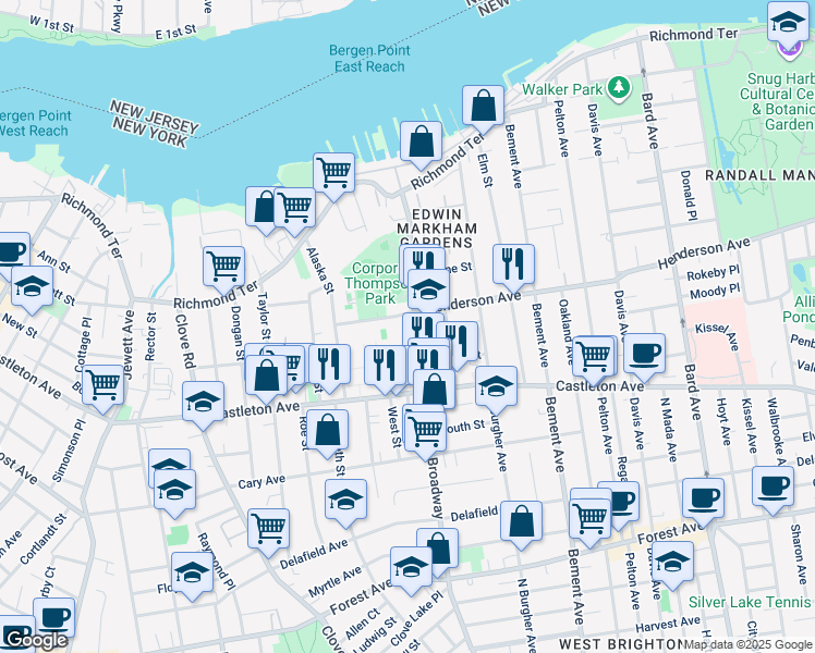 map of restaurants, bars, coffee shops, grocery stores, and more near 210 Broadway in Staten Island