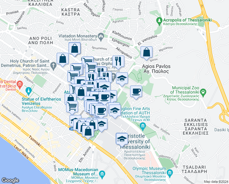 map of restaurants, bars, coffee shops, grocery stores, and more near in Thessaloniki