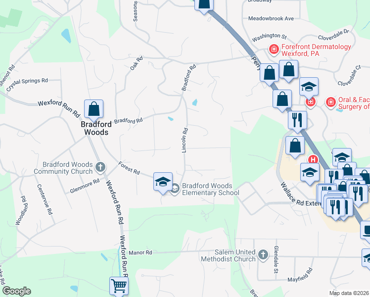 map of restaurants, bars, coffee shops, grocery stores, and more near 200 Harding Road in Bradford Woods