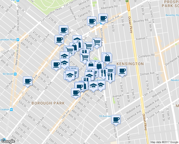 map of restaurants, bars, coffee shops, grocery stores, and more near 1546 40th Street in Brooklyn