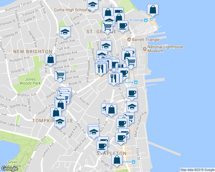 map of restaurants, bars, coffee shops, grocery stores, and more near 37 Tompkins Circle in Staten Island