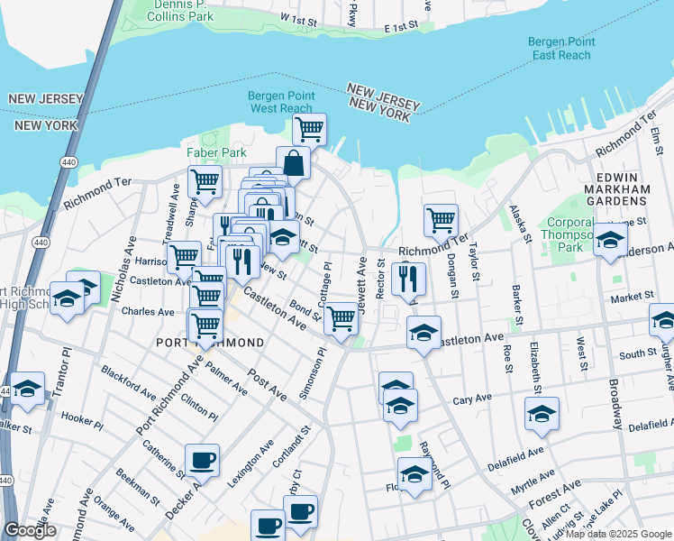 map of restaurants, bars, coffee shops, grocery stores, and more near 50 Avenue B in Staten Island