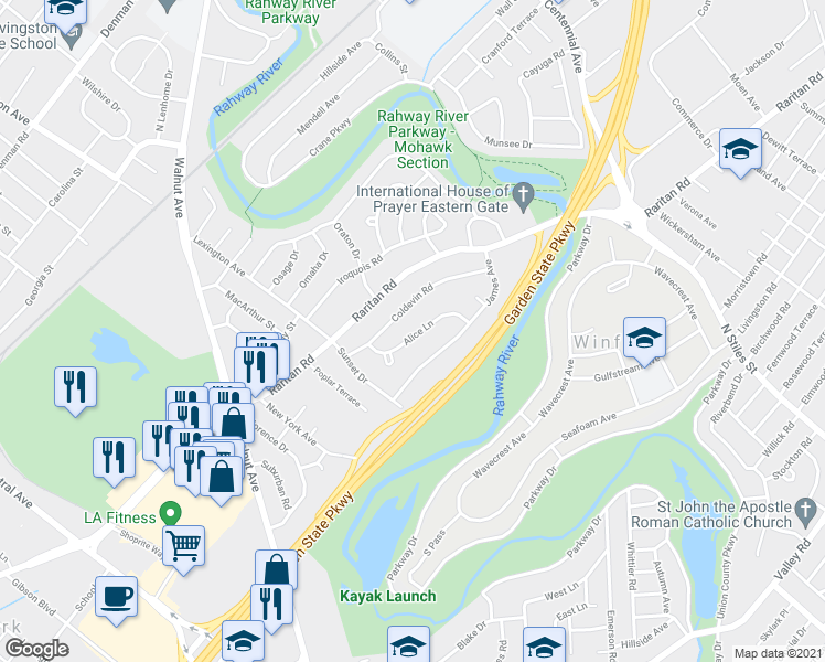 map of restaurants, bars, coffee shops, grocery stores, and more near 27 Alice Lane in Clark