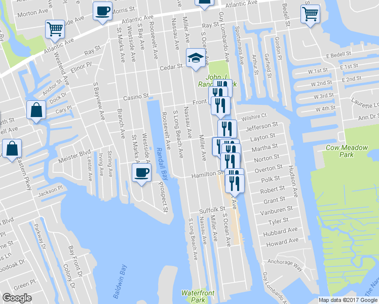 map of restaurants, bars, coffee shops, grocery stores, and more near 290 Nassau Avenue in Freeport