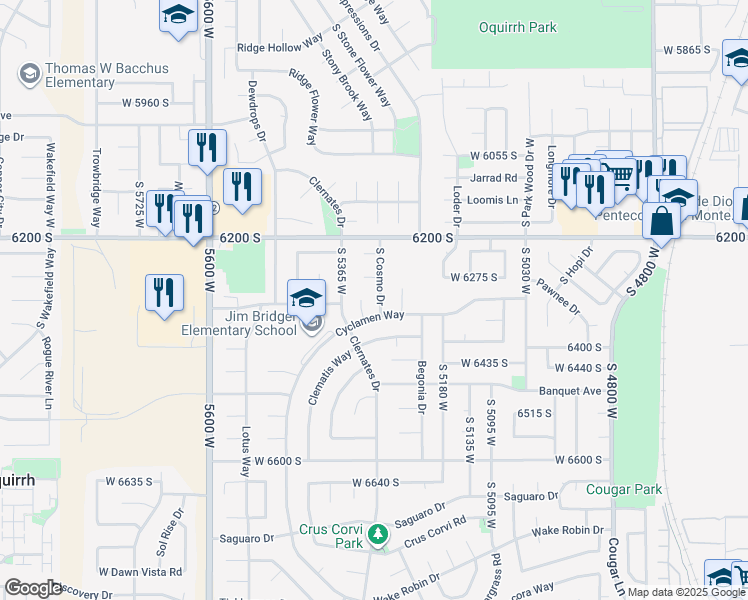 map of restaurants, bars, coffee shops, grocery stores, and more near 6312 South Cosmo Drive in West Jordan