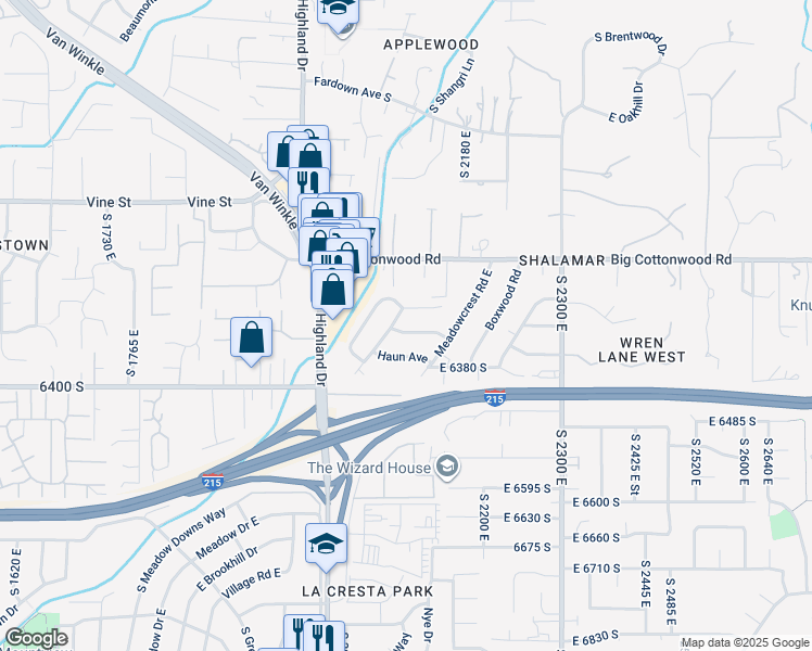 map of restaurants, bars, coffee shops, grocery stores, and more near 2105 East 6320 South in Salt Lake City