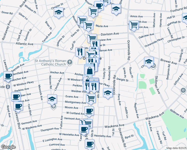 map of restaurants, bars, coffee shops, grocery stores, and more near 3115 Long Beach Road in Oceanside