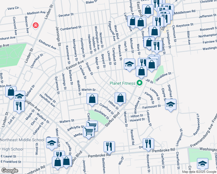 map of restaurants, bars, coffee shops, grocery stores, and more near 1735 Major Street in Bethlehem