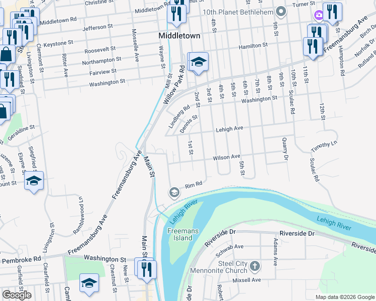 map of restaurants, bars, coffee shops, grocery stores, and more near 1525 1st St in Bethlehem