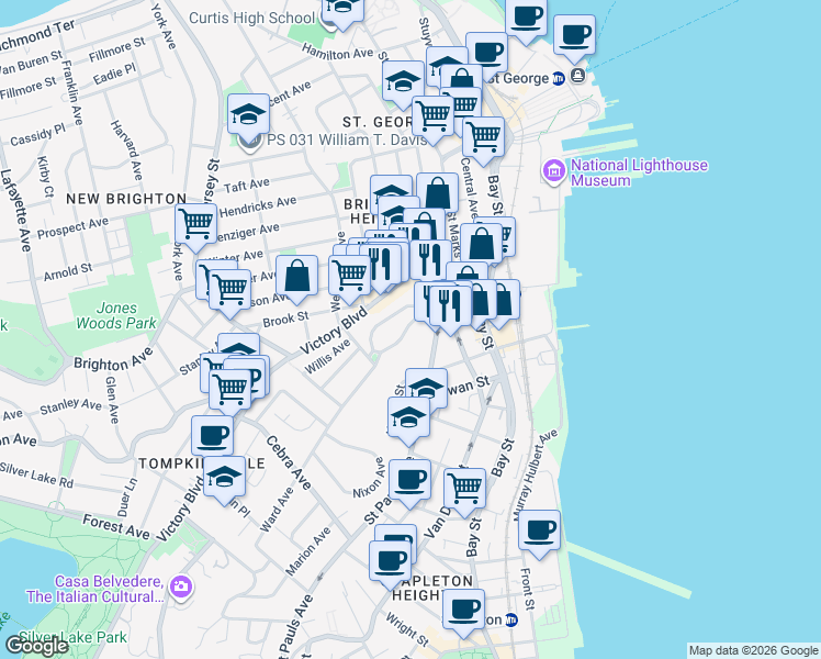 map of restaurants, bars, coffee shops, grocery stores, and more near 37 Tompkins Circle in Staten Island