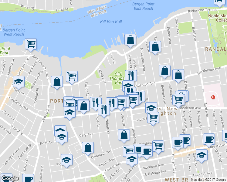 map of restaurants, bars, coffee shops, grocery stores, and more near 10 Henderson Avenue in Staten Island