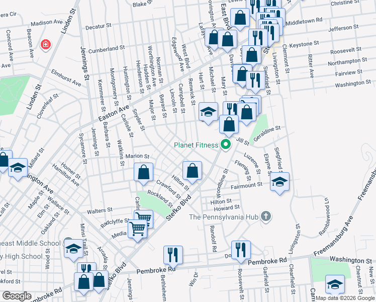 map of restaurants, bars, coffee shops, grocery stores, and more near 1615 Englewood Street in Bethlehem