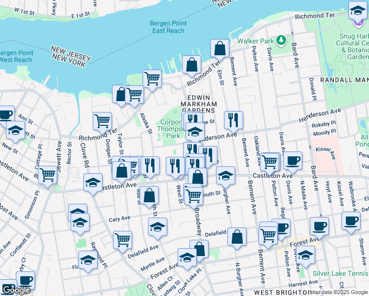 map of restaurants, bars, coffee shops, grocery stores, and more near 210 Broadway in Staten Island