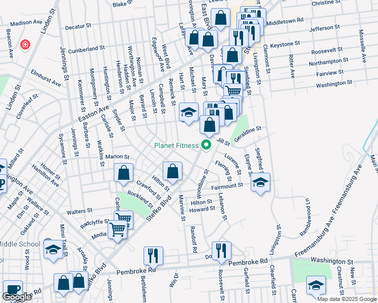 map of restaurants, bars, coffee shops, grocery stores, and more near 1316 Fleming St in Bethlehem