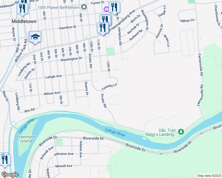 map of restaurants, bars, coffee shops, grocery stores, and more near 3845 Timothy Lane in Bethlehem