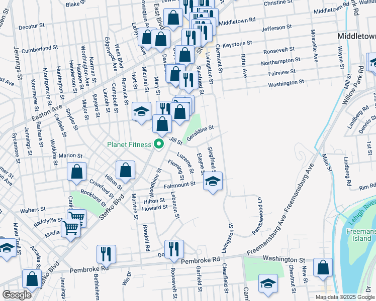map of restaurants, bars, coffee shops, grocery stores, and more near 1482 Jill Street in Bethlehem