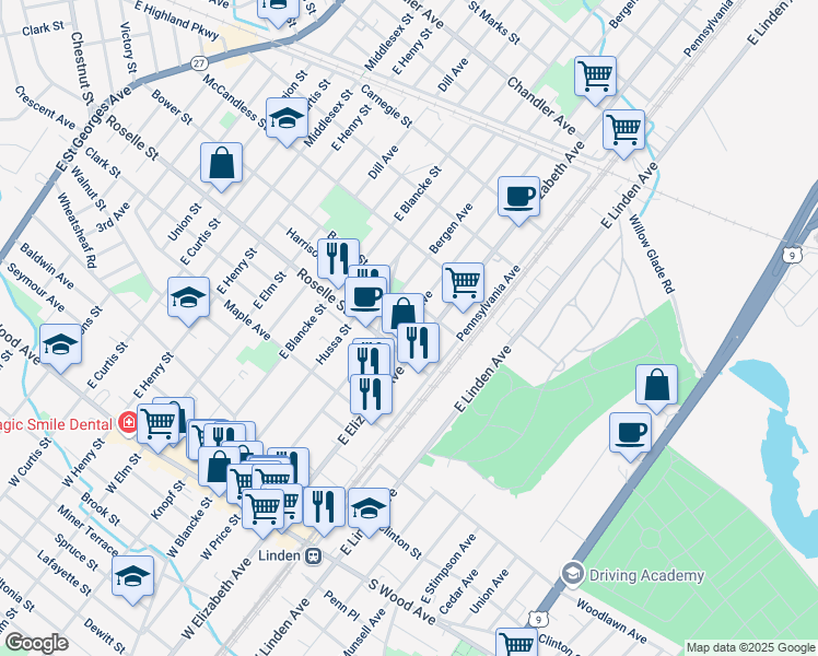 map of restaurants, bars, coffee shops, grocery stores, and more near 620 Essex Avenue in Linden