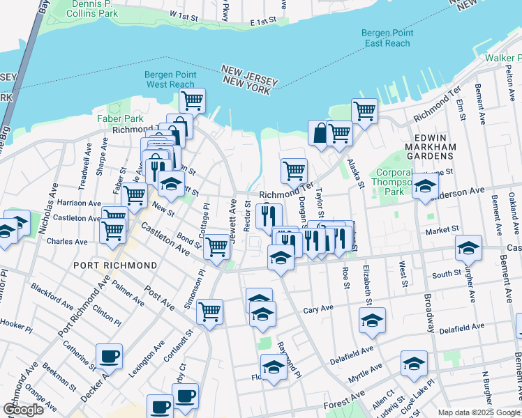 map of restaurants, bars, coffee shops, grocery stores, and more near 150 Clove Road in Staten Island