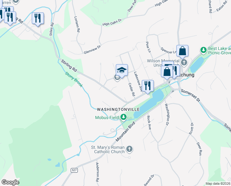 map of restaurants, bars, coffee shops, grocery stores, and more near 246 Stirling Road in Watchung