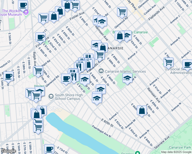 map of restaurants, bars, coffee shops, grocery stores, and more near 951 East 84th Street in Brooklyn