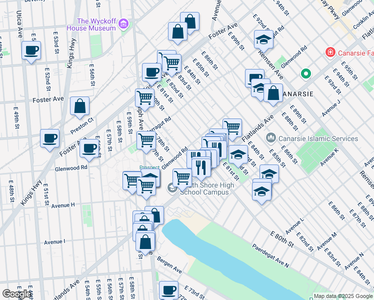 map of restaurants, bars, coffee shops, grocery stores, and more near 701 East 79th Street in Brooklyn