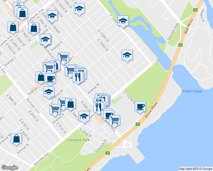 map of restaurants, bars, coffee shops, grocery stores, and more near 1427 East 100th Street in Brooklyn