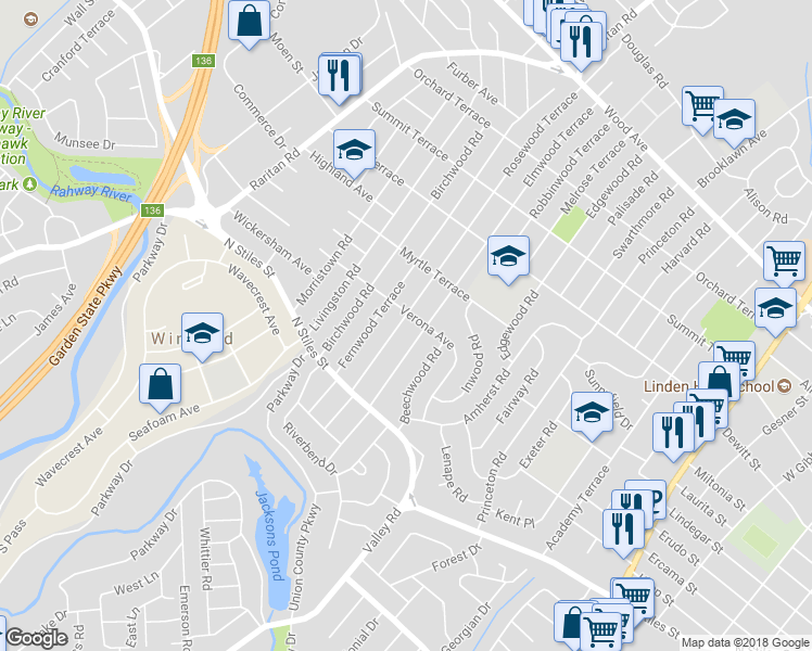 map of restaurants, bars, coffee shops, grocery stores, and more near 507 Rosewood Terrace in Linden