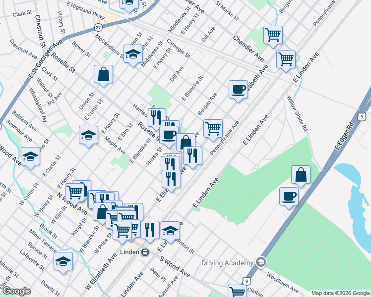 map of restaurants, bars, coffee shops, grocery stores, and more near 620 Essex Avenue in Linden