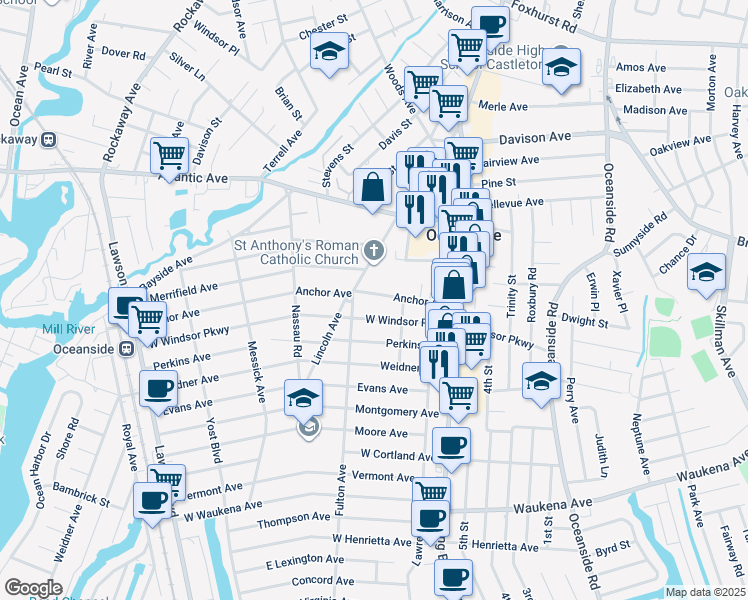 map of restaurants, bars, coffee shops, grocery stores, and more near 101 Anchor Avenue in Oceanside