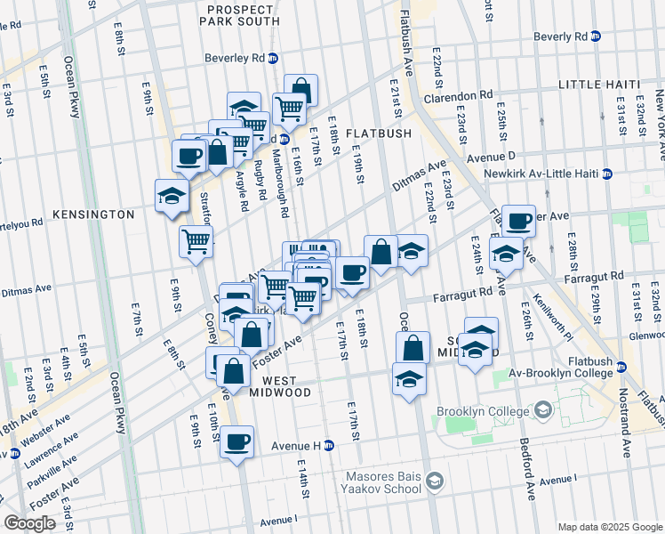 map of restaurants, bars, coffee shops, grocery stores, and more near 578 East 17th Street in Brooklyn