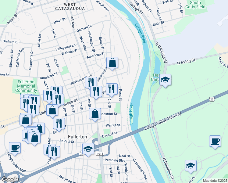 map of restaurants, bars, coffee shops, grocery stores, and more near 126 Grape Street in Fullerton