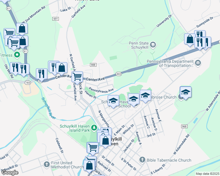 map of restaurants, bars, coffee shops, grocery stores, and more near Stanton Street in Schuylkill Haven