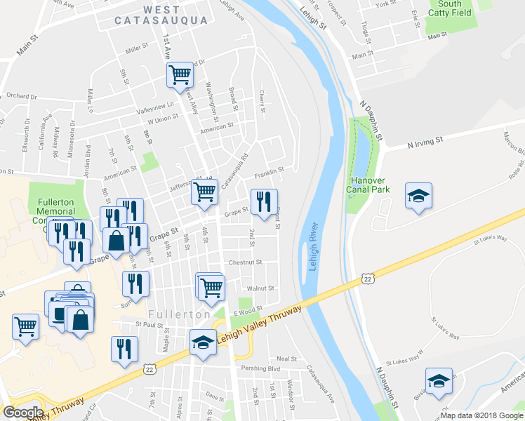 map of restaurants, bars, coffee shops, grocery stores, and more near 126 Grape Street in Fullerton