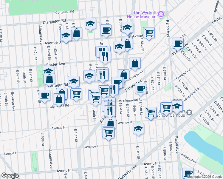 map of restaurants, bars, coffee shops, grocery stores, and more near 1465 Utica Avenue in Brooklyn