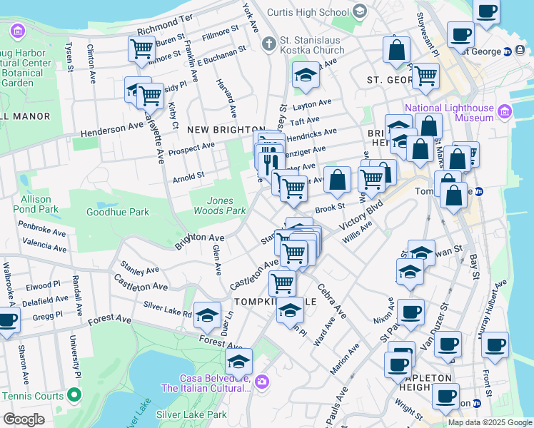 map of restaurants, bars, coffee shops, grocery stores, and more near 19 Pine Street in Staten Island
