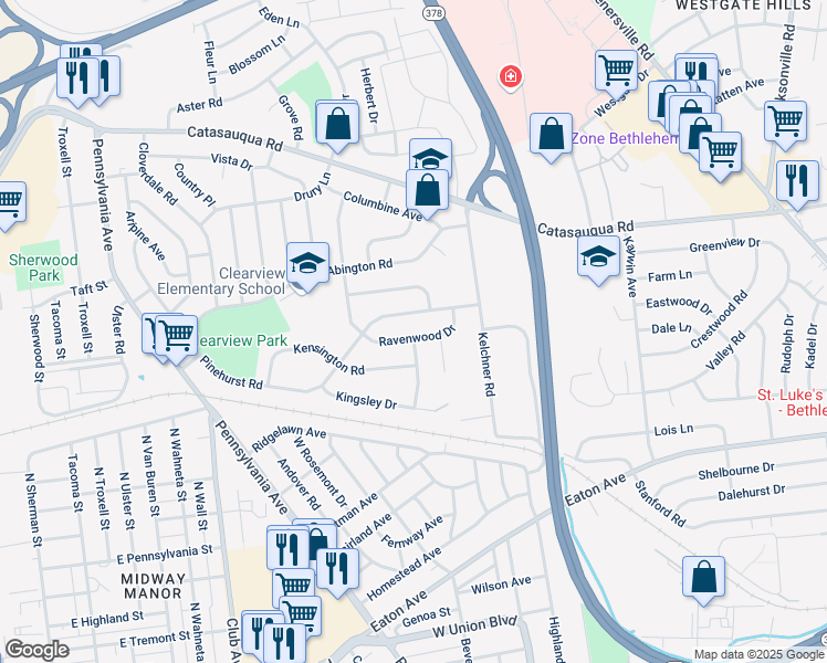 map of restaurants, bars, coffee shops, grocery stores, and more near 1950 Ravenwood Drive in Bethlehem