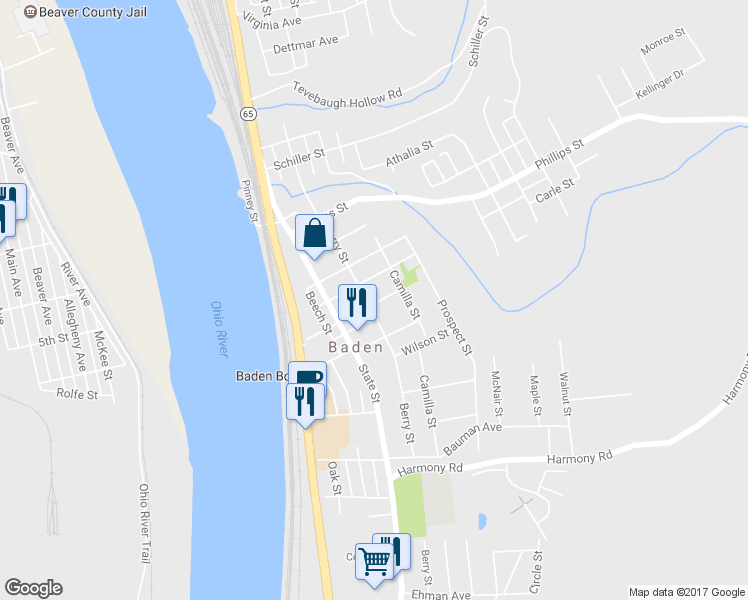 map of restaurants, bars, coffee shops, grocery stores, and more near 400 Berry Street in Baden