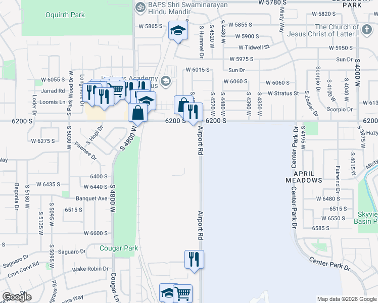 map of restaurants, bars, coffee shops, grocery stores, and more near 6404 Airport Rd in West Jordan