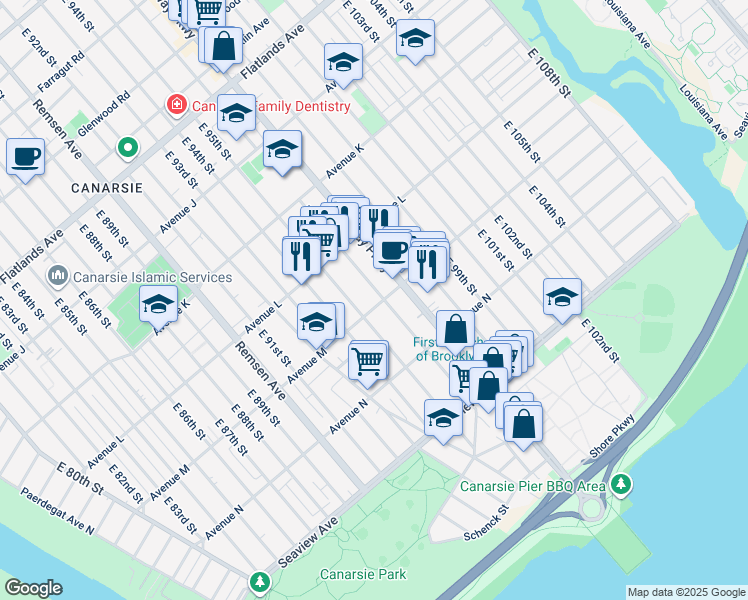 map of restaurants, bars, coffee shops, grocery stores, and more near 9521 Avenue M in Brooklyn