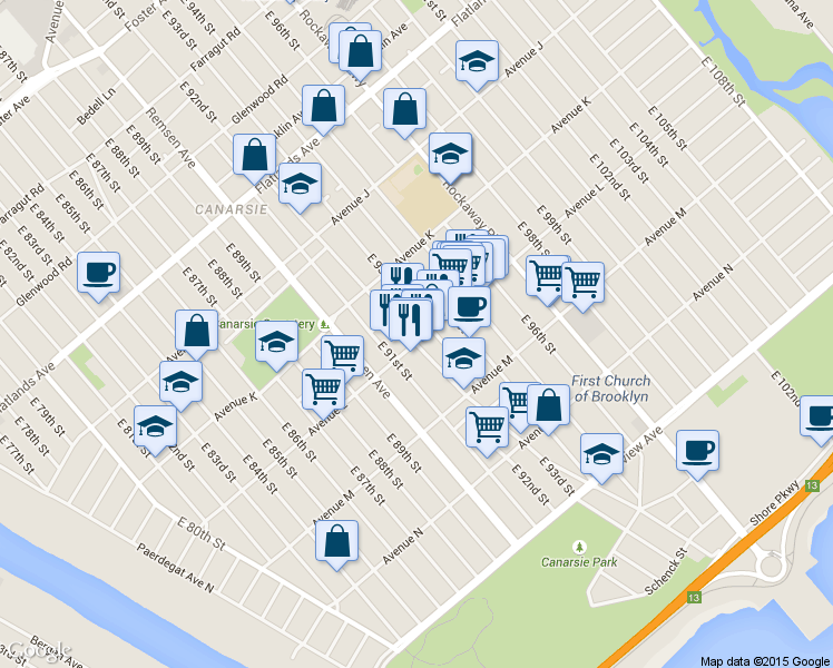 map of restaurants, bars, coffee shops, grocery stores, and more near 1409 East 92nd Street in Brooklyn
