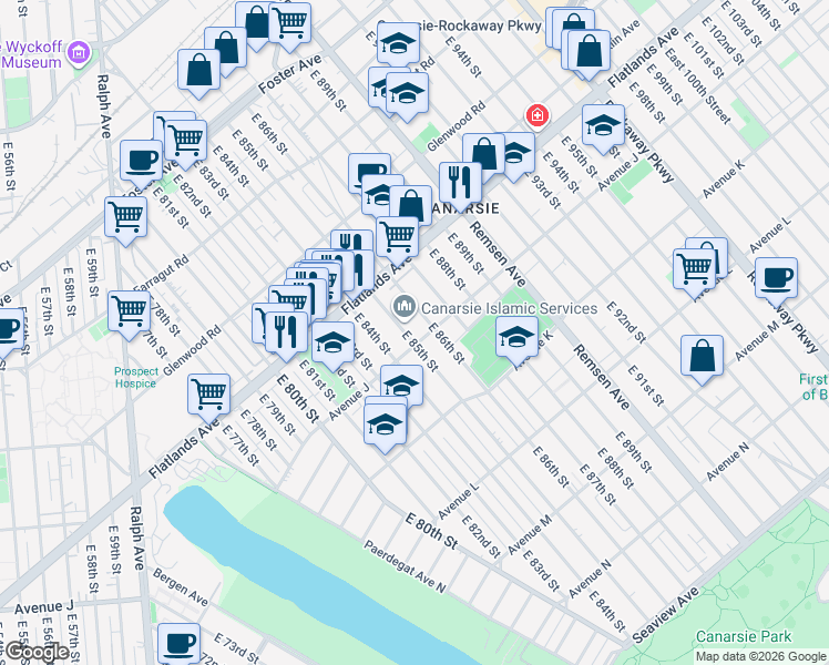 map of restaurants, bars, coffee shops, grocery stores, and more near 985 East 85th Street in Brooklyn