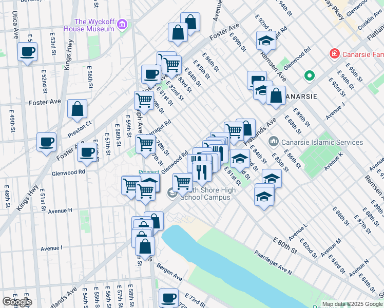 map of restaurants, bars, coffee shops, grocery stores, and more near 701 East 79th Street in Brooklyn