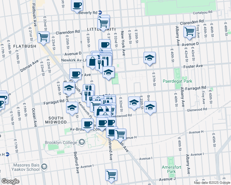 map of restaurants, bars, coffee shops, grocery stores, and more near 593 East 31st Street in Brooklyn