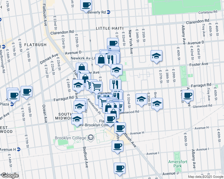 map of restaurants, bars, coffee shops, grocery stores, and more near 2905 Farragut Road in Brooklyn