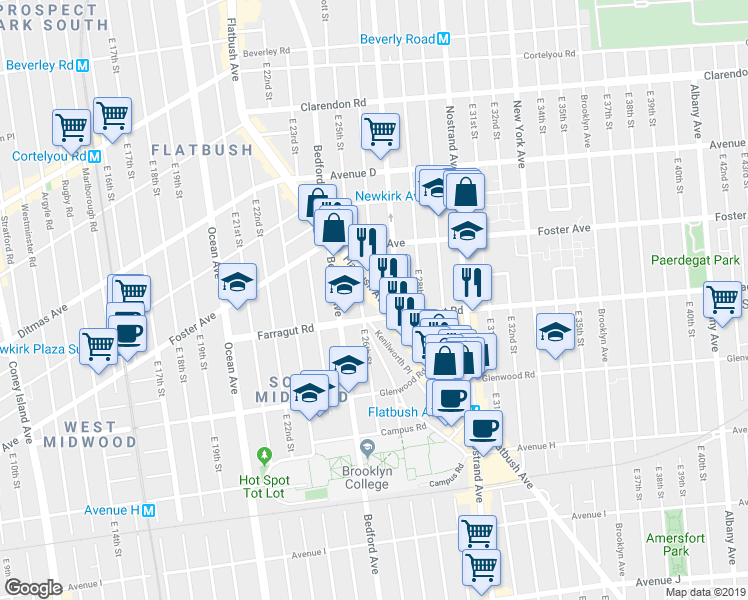 map of restaurants, bars, coffee shops, grocery stores, and more near 1401 Flatbush Avenue in Brooklyn