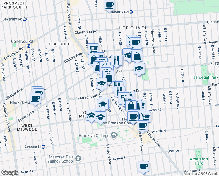 map of restaurants, bars, coffee shops, grocery stores, and more near 1401 Flatbush Avenue in Brooklyn