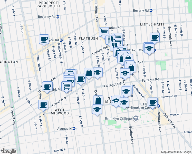 map of restaurants, bars, coffee shops, grocery stores, and more near 2020 Foster Avenue in Brooklyn