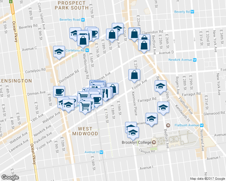 map of restaurants, bars, coffee shops, grocery stores, and more near 1818 Newkirk Avenue in Brooklyn